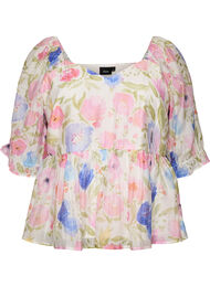 Bluse i lyocell med blomsterprint og hjerteudsk&aelig;ring, Hvid