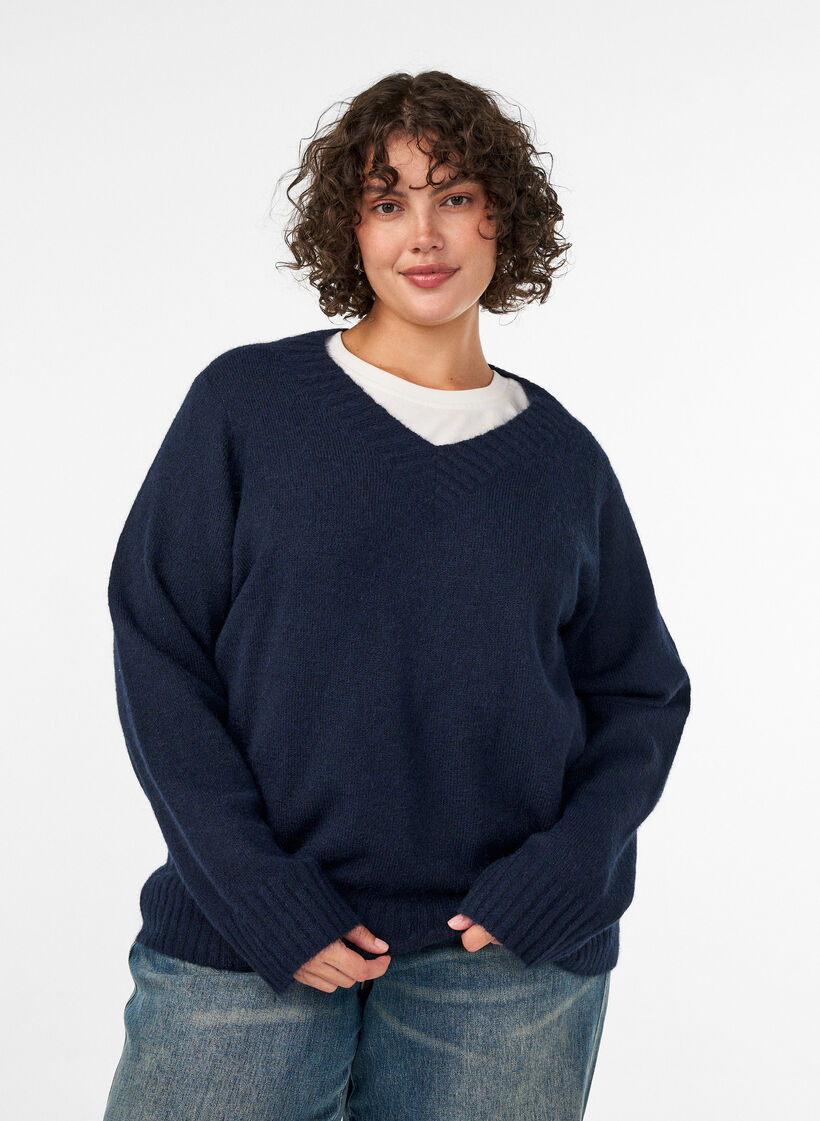 Striktr&oslash;je med V-hals, Bl&aring;, Model image number 0