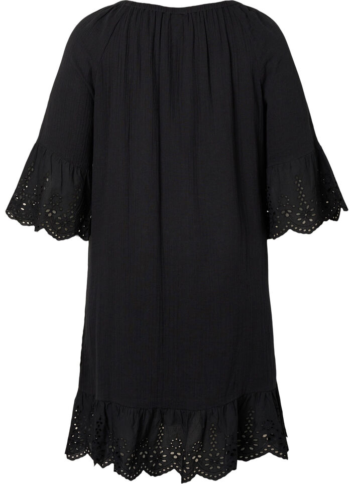 Bomuldskjole med broderi anglaise, Black, Packshot image number 1