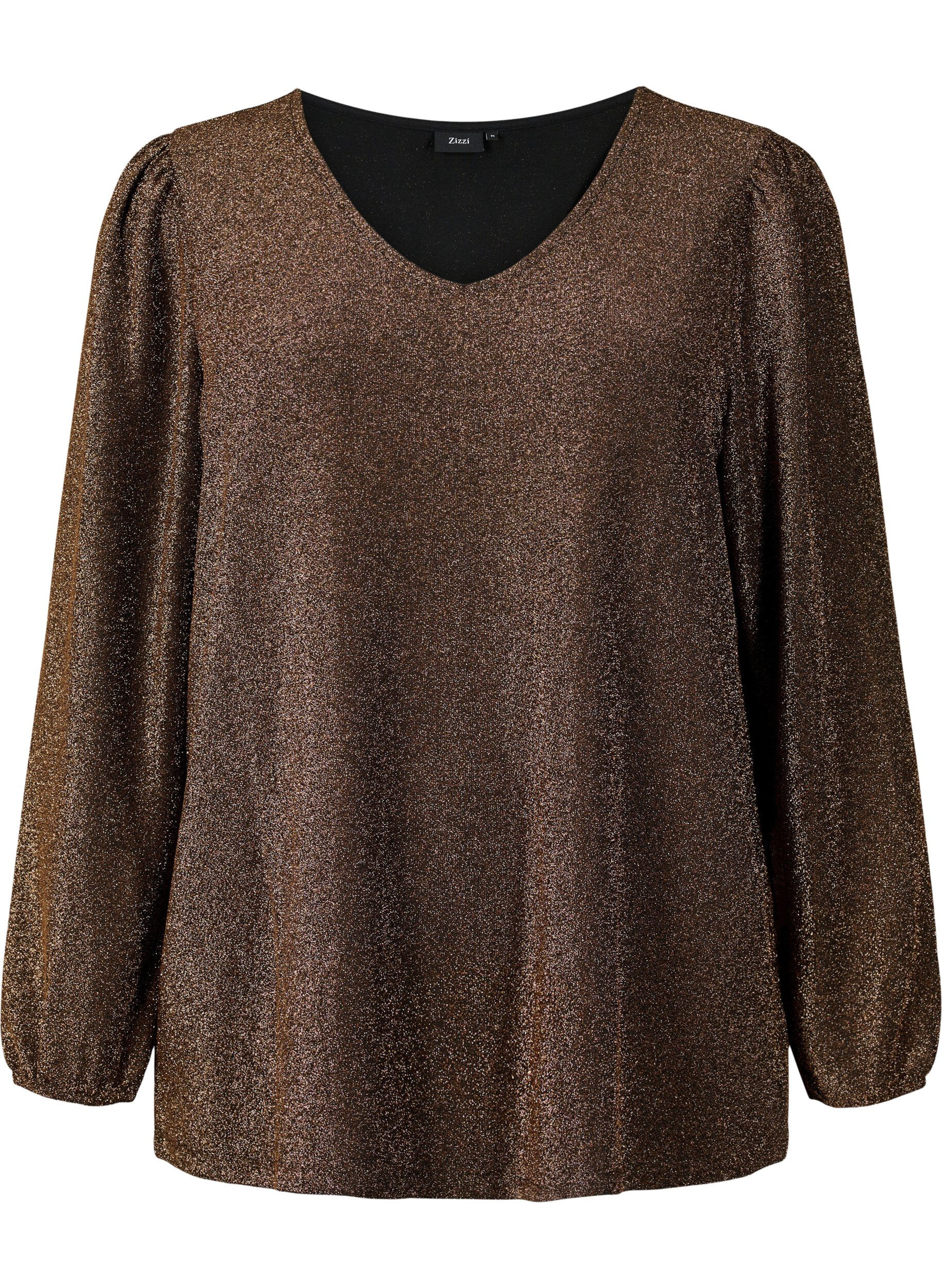 Zizzi Glimmerbluse med puf&aelig;rmer, Black Copper, Packshot image number 0
