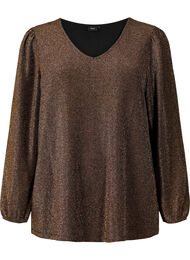 Glimmerbluse med pufærmer, Black Copper