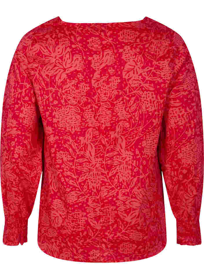 Bluse med v-udskæring og smock, Ribbon Red AOP, Packshot image number 1