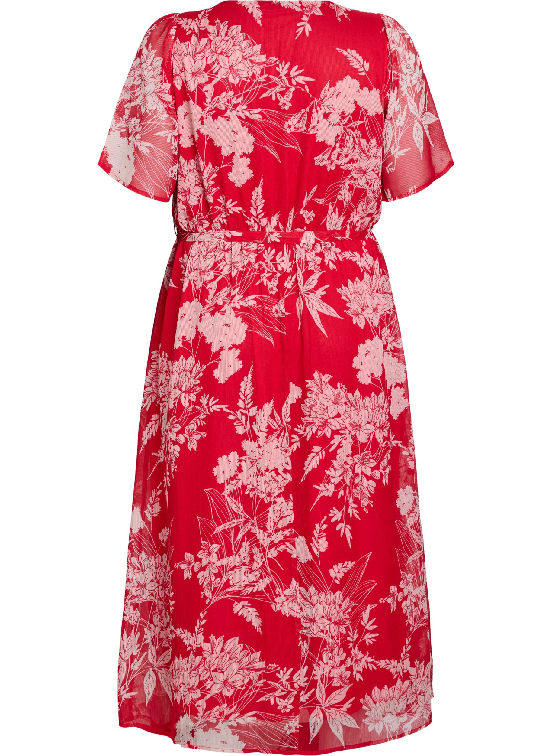 Zizzi Lang chiffonkjole med blomsterprint, Red Flower AOP, Packshot image number 1