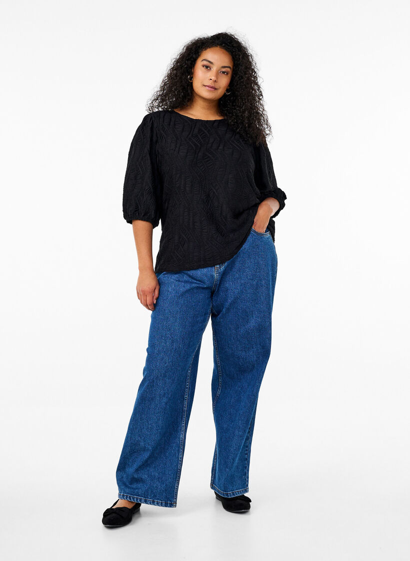 Bluse med tekstur og 3/4 ærmer, Sort, Model image number 1
