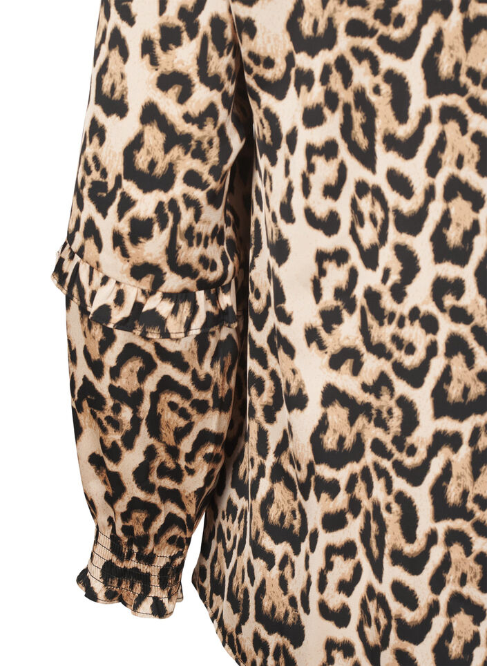 Bluse med smock og leopardprint, Brun, Packshot image number 3