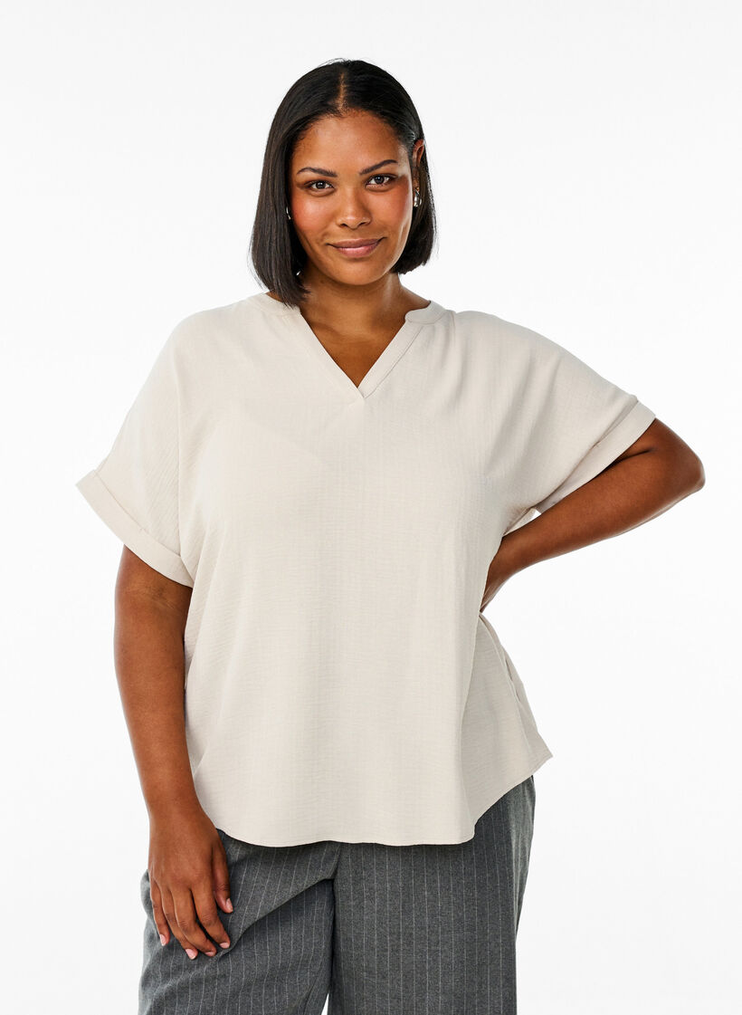 L&oslash;s bluse med korte &aelig;rmer, Beige, Model image number 0