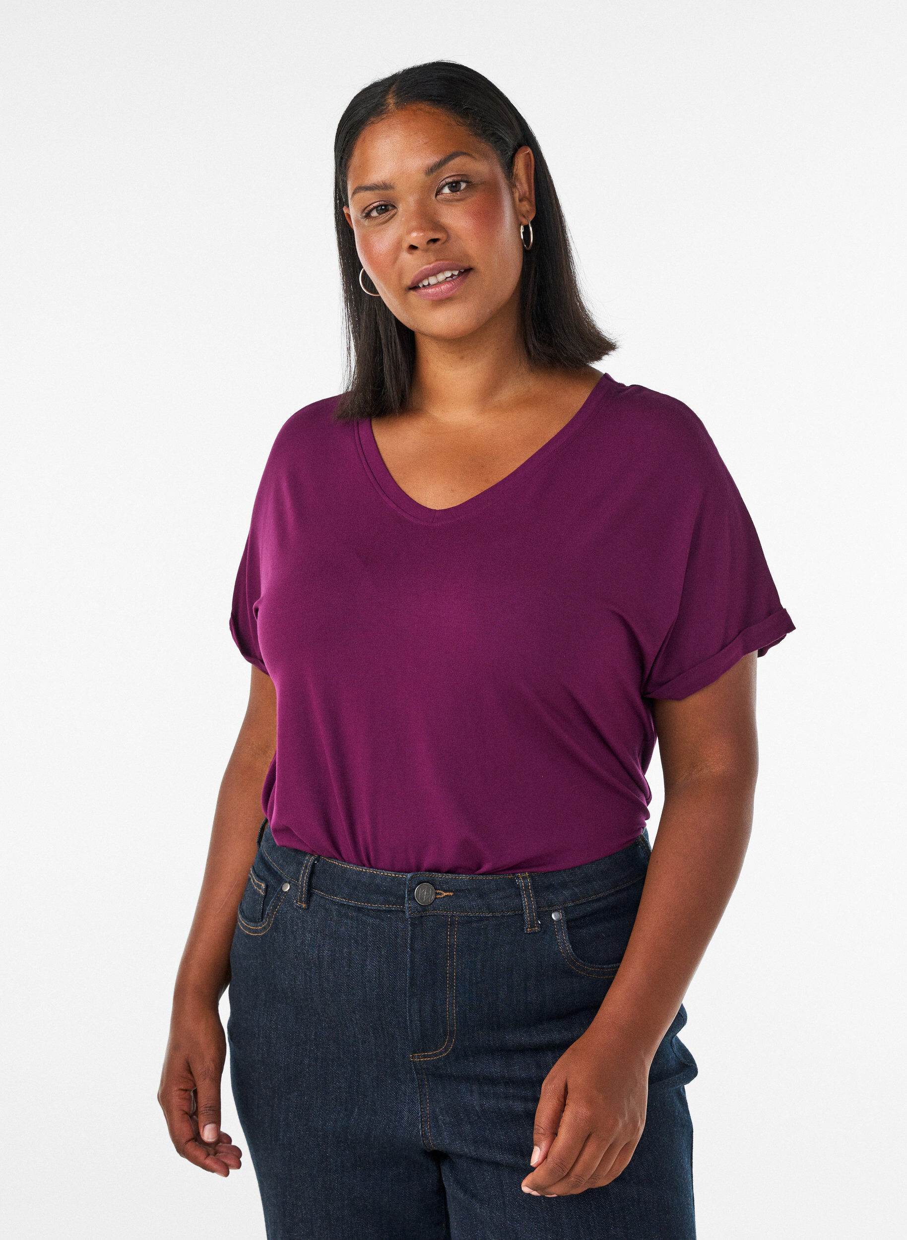 ZizziBasis T-shirt i viskose med V-hals, Lilla, Model image number 0