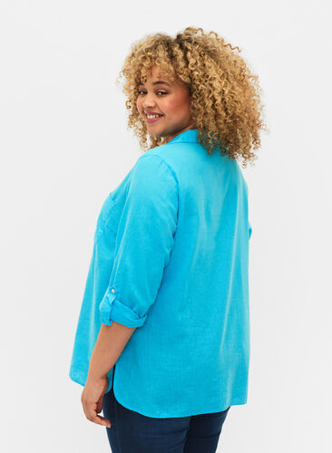 Skjortebluse med knaplukning i bomuldsmix med hør, Blue Atoll, Model image number 1