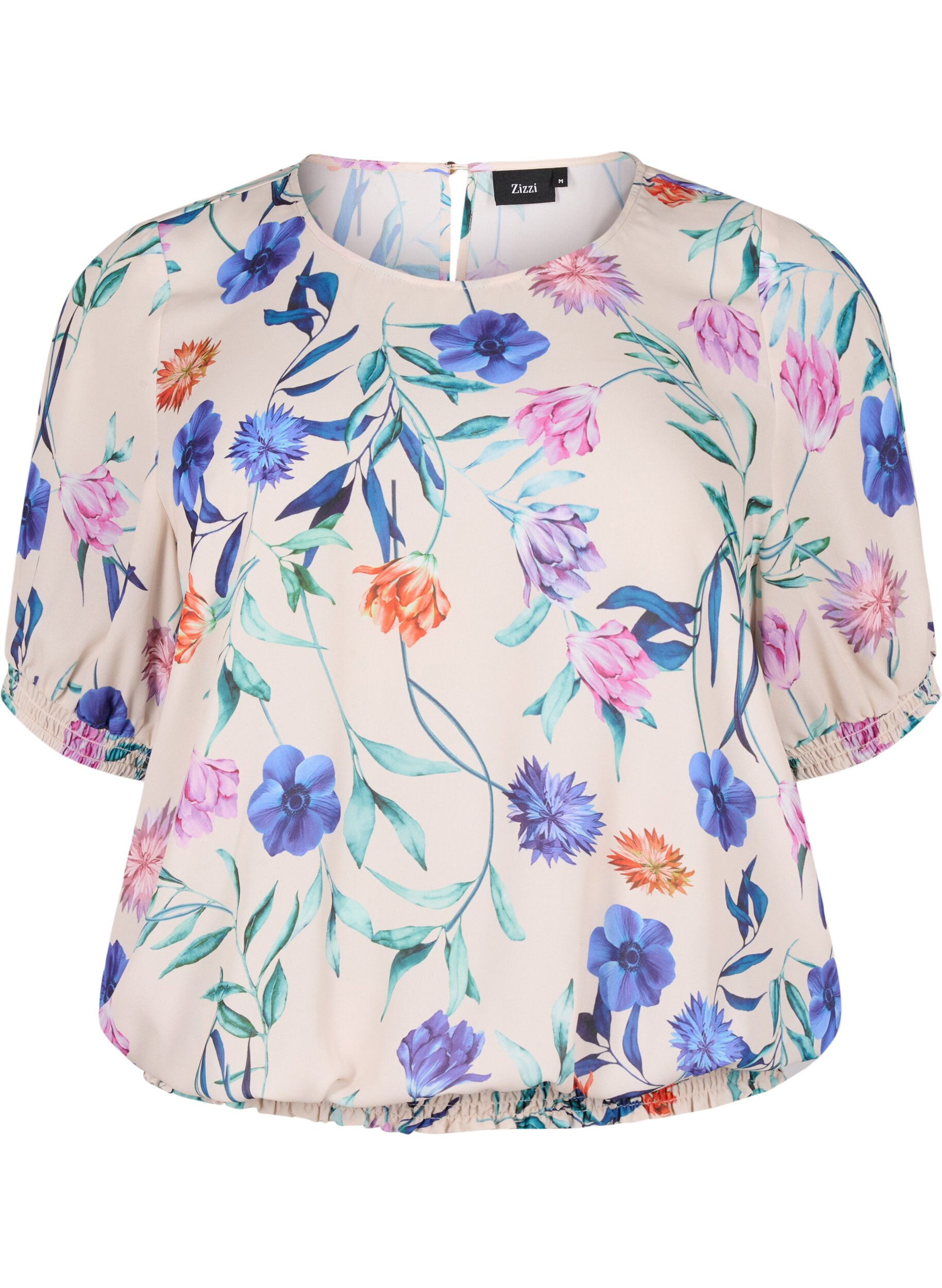 Zizzi Blomstret bluse med smock, Bl&aring;, Packshot image number 0