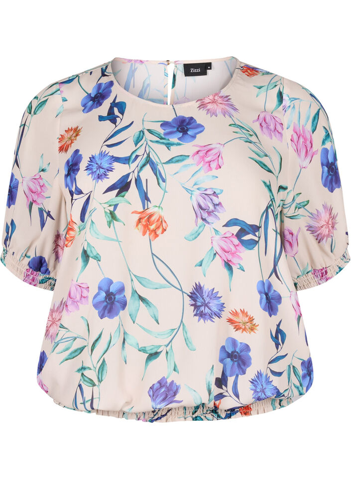 Blomstret bluse med smock, Bl&aring;, Packshot image number 0