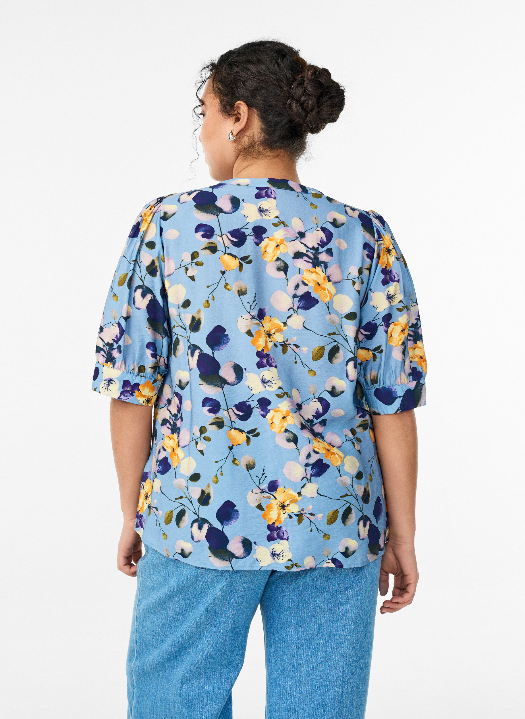 Zizzi Skjortebluse med m&oslash;nster og 1/2 &aelig;rmer, Bl&aring;, Model image number 2