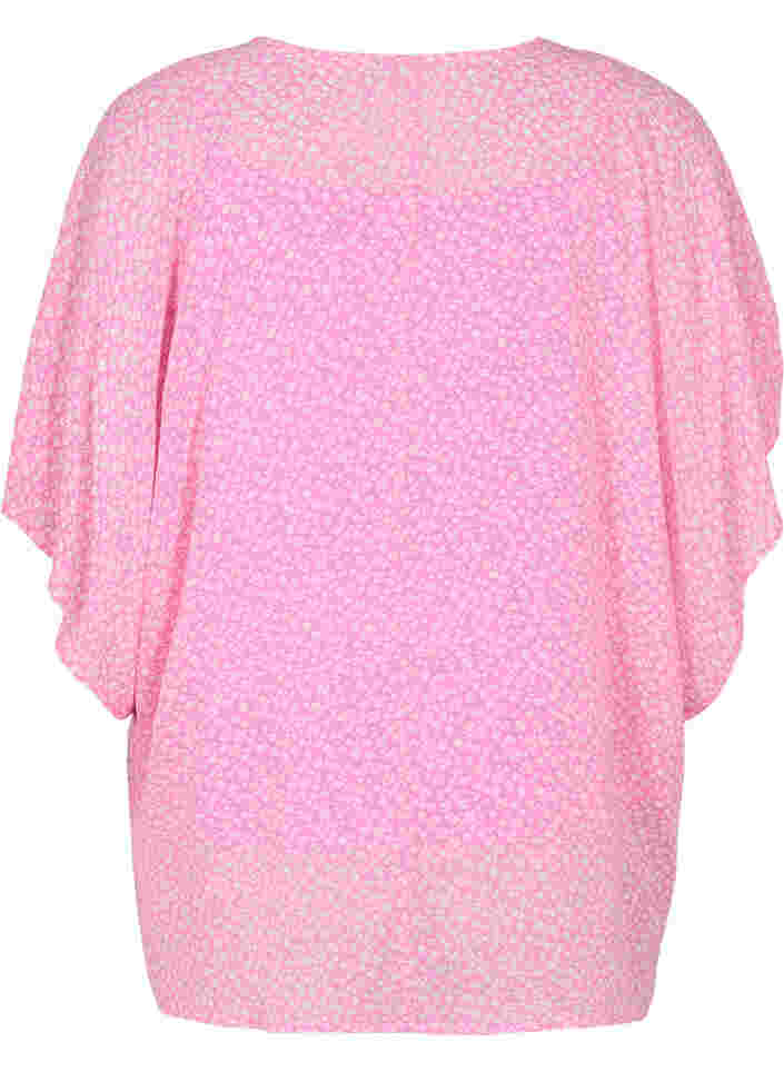 Printet bluse med bindesnøre og korte ærmer, Pink Ditzy Flower, Packshot image number 1