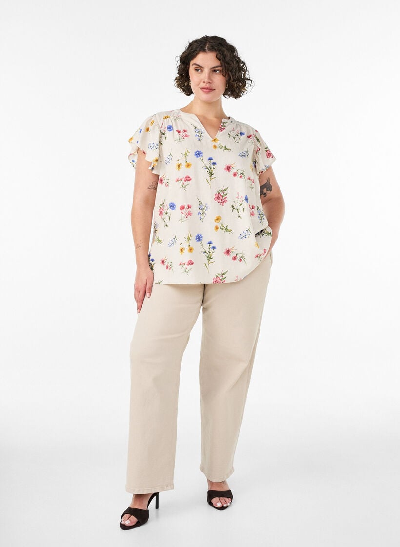 Bluse i h&oslash;r og viskose med fl&aelig;se&aelig;rmer, Beige, Model image number 1