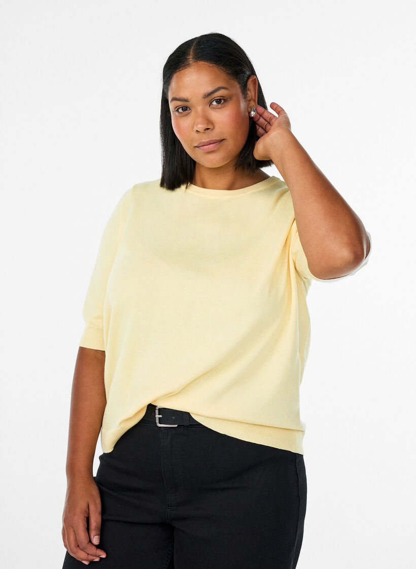 Finstrikket bluse med korte &aelig;rmer, Gul, Model image number 0