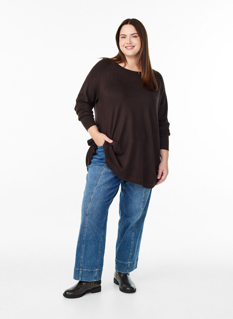 Strikbluse med knapper i siden, Brun, Model image number 1