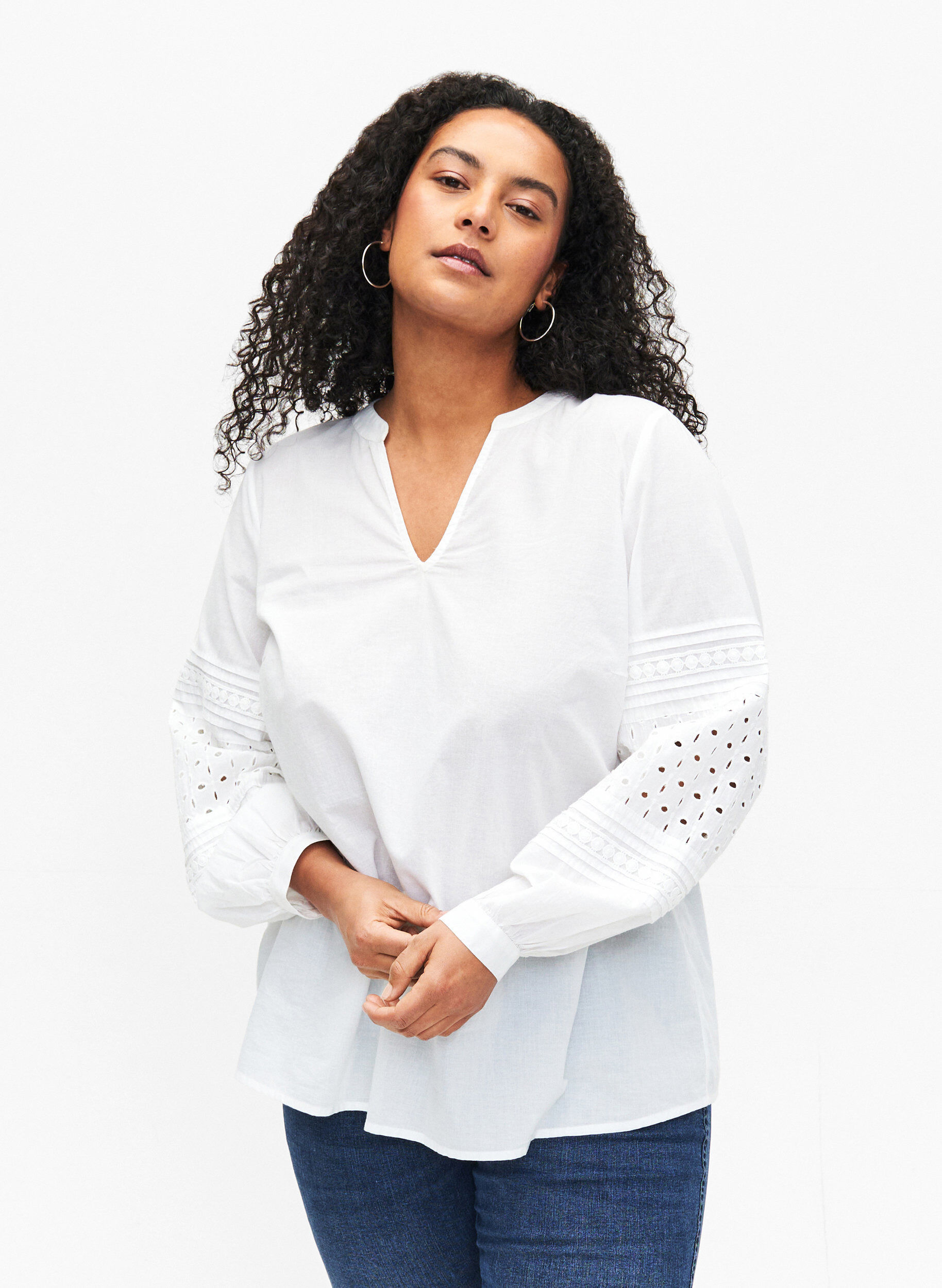 Zizzi Bluse med lange &aelig;rmer og dekorative detaljer, Bright White, Model image number 0