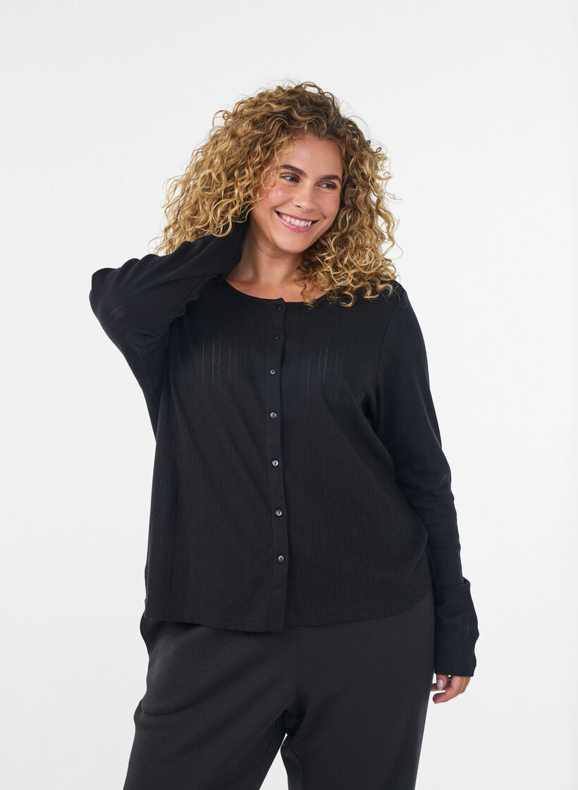 Cardigan i &oslash;kologisk bomuld med hulm&oslash;nster, Sort, Model image number 0