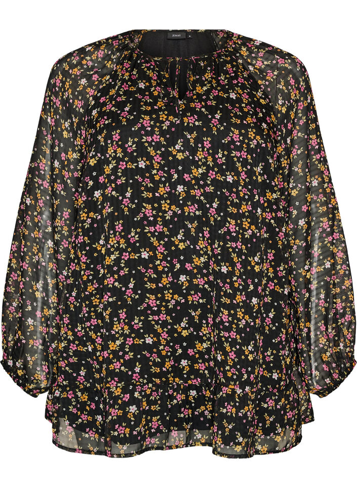 Tunika med blomsterprint og A-form, Sort, Packshot image number 0