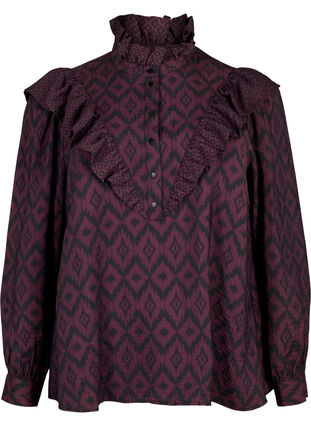 Skjortebluse i viskose med flæsedetaljer, Winetasting w. Black, Packshot image number 0