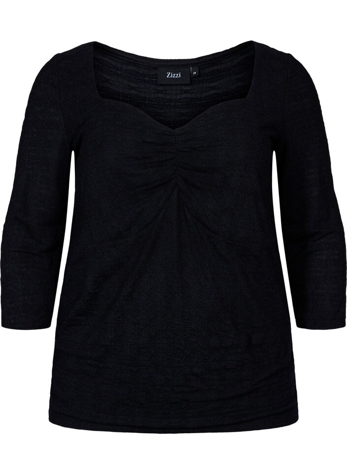 Tætsiddende bluse med rynkedetalje, Black, Packshot image number 0