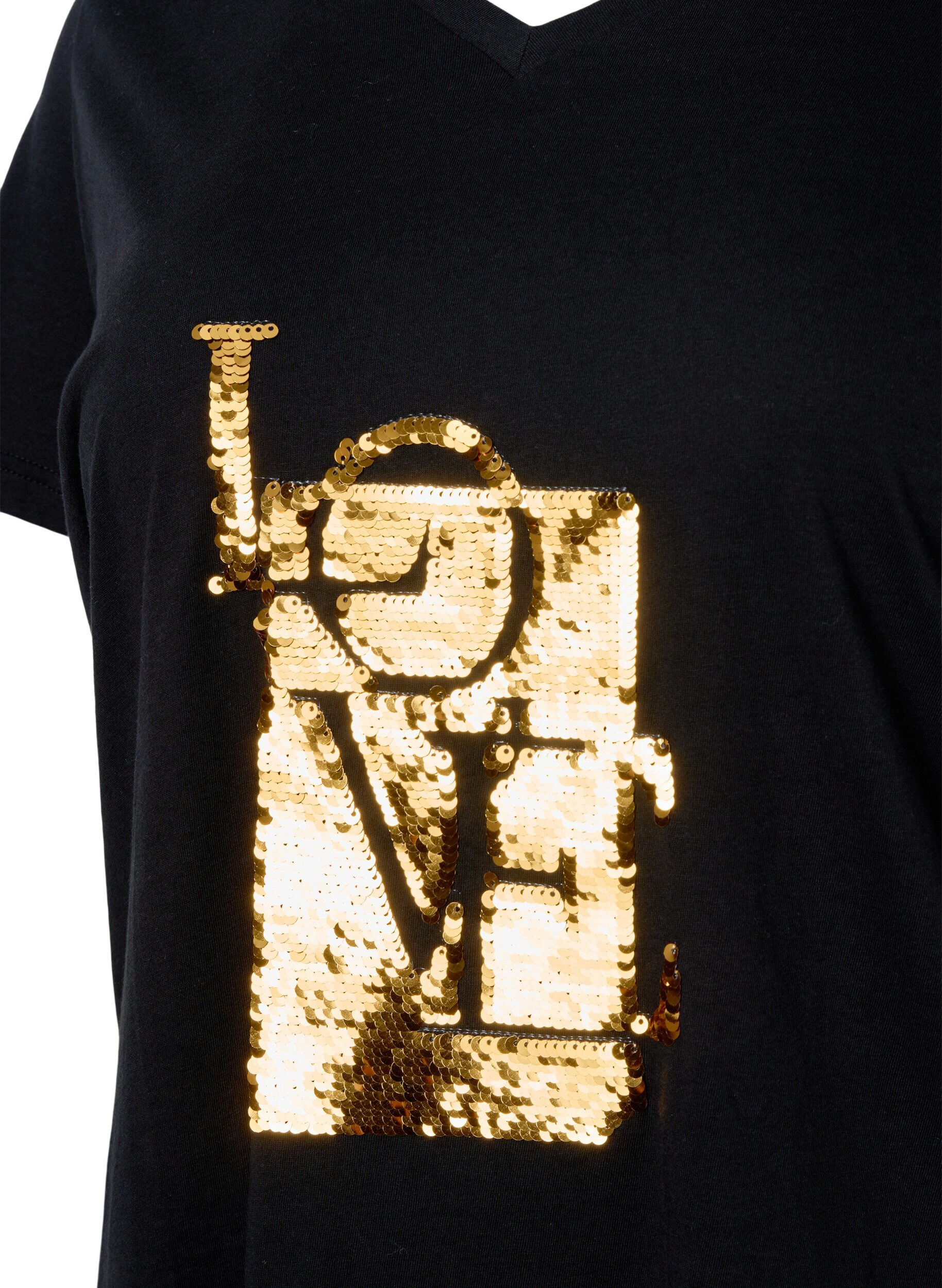 Zizzi Bomulds t-shirt med pailletter, Black w. Love, Packshot image number 2