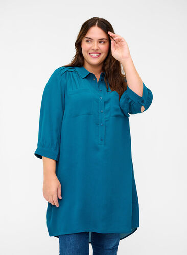 Viskose tunika med knapper og 3/4 ærmer, Maroccan Blue, Model image number 0