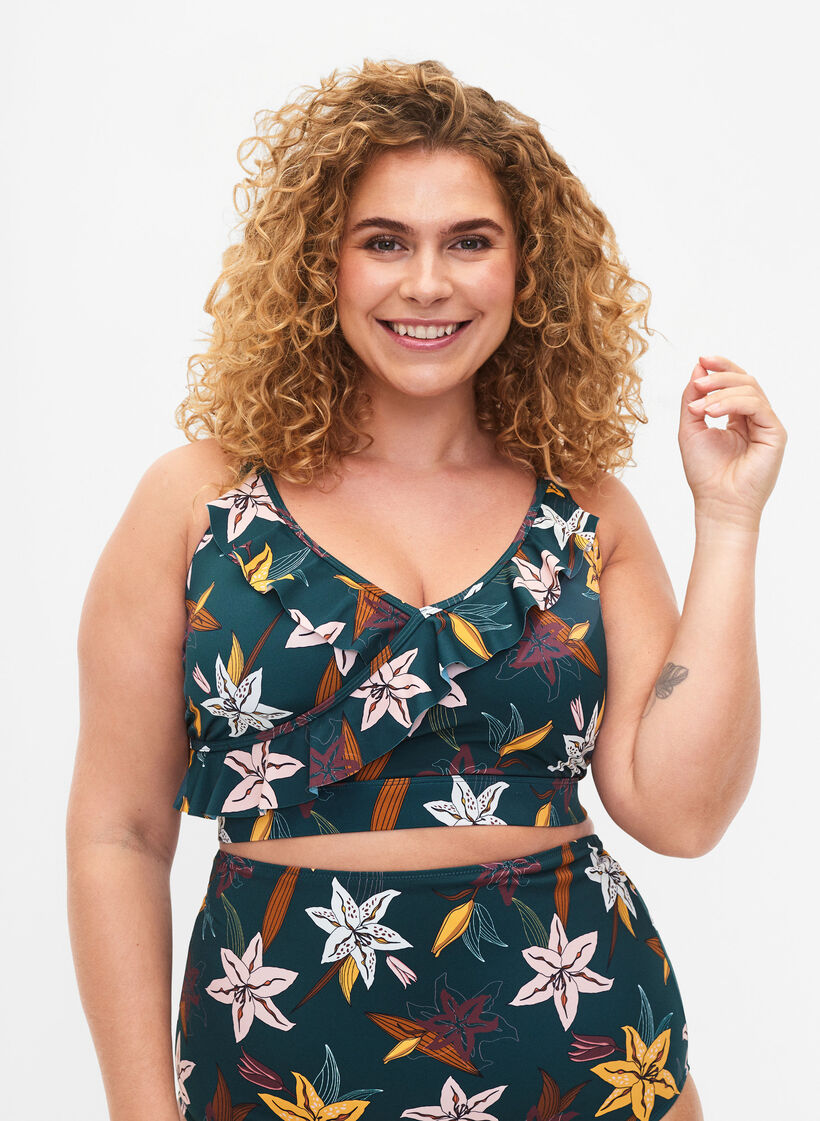 Blomstret bikini bh med fl&aelig;sedetaljer, Gr&oslash;n, Model image number 0