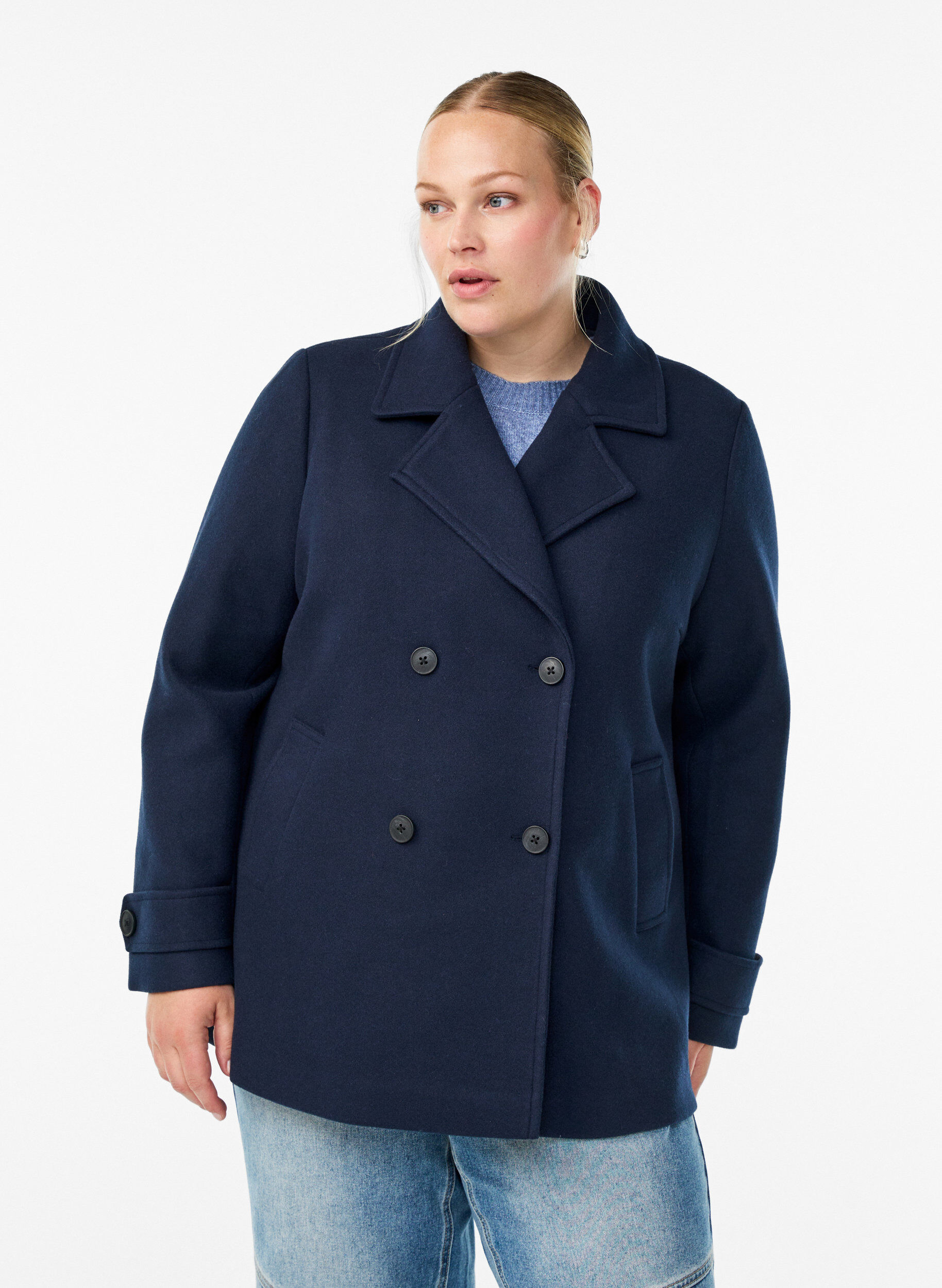 ZizziKort frakke med dobbeltradet knaplukning, Bl&aring;, Model image number 0