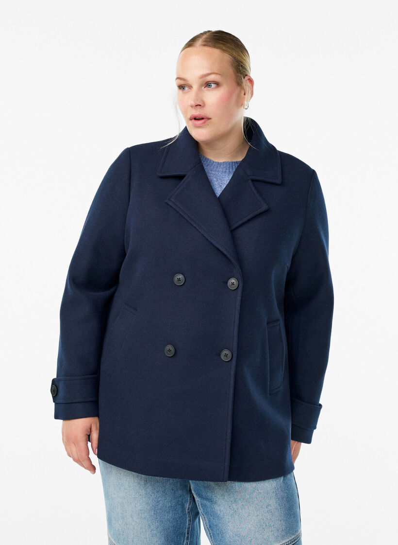 Kort frakke med dobbeltradet knaplukning, Bl&aring;, Model image number 0