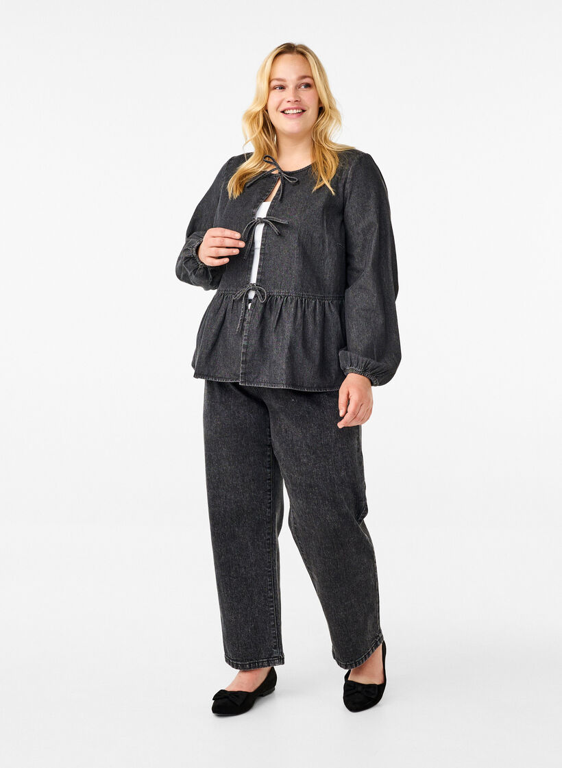 Peplum bluse i denim med bindelukning, Grå, Model image number 1