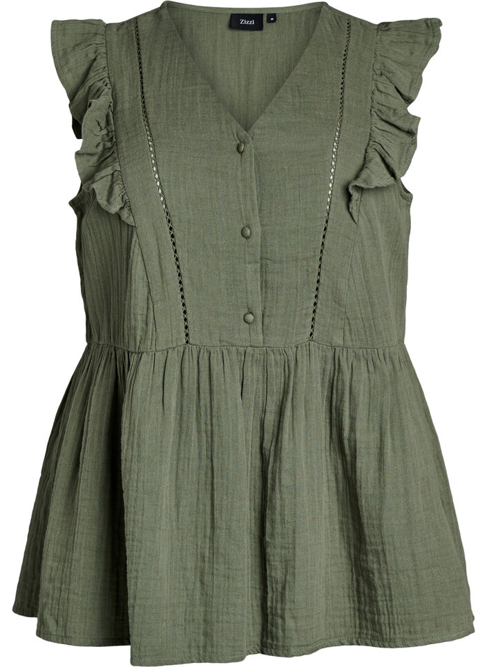 &AElig;rmel&oslash;s bluse i bomuldsmusselin med fl&aelig;ser, Gr&oslash;n, Packshot image number 0
