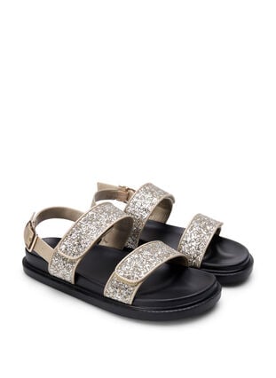 Glitter sandal med velcrolukning og bred pasform, Gold Glitter, Packshot image number 1