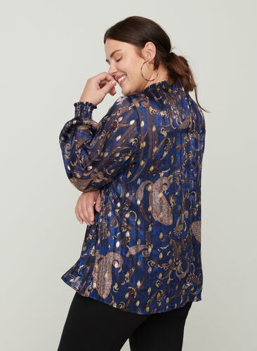 Printet bluse med høj hals og smock, Paisley Foil, Model image number 1