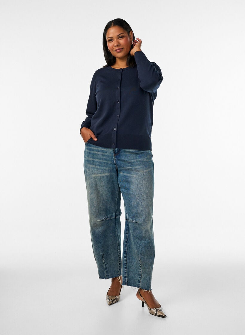 Finstrikket cardigan med rund hals, Bl&aring;, Model image number 1