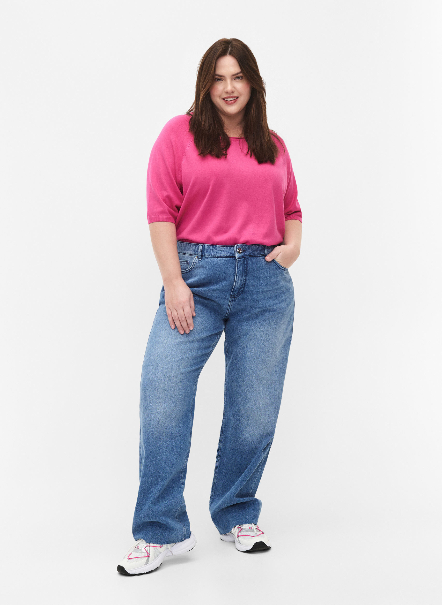 Zizzi Viskose strikbluse med 3/4 &aelig;rmer, Raspberry Rose, Model image number 2