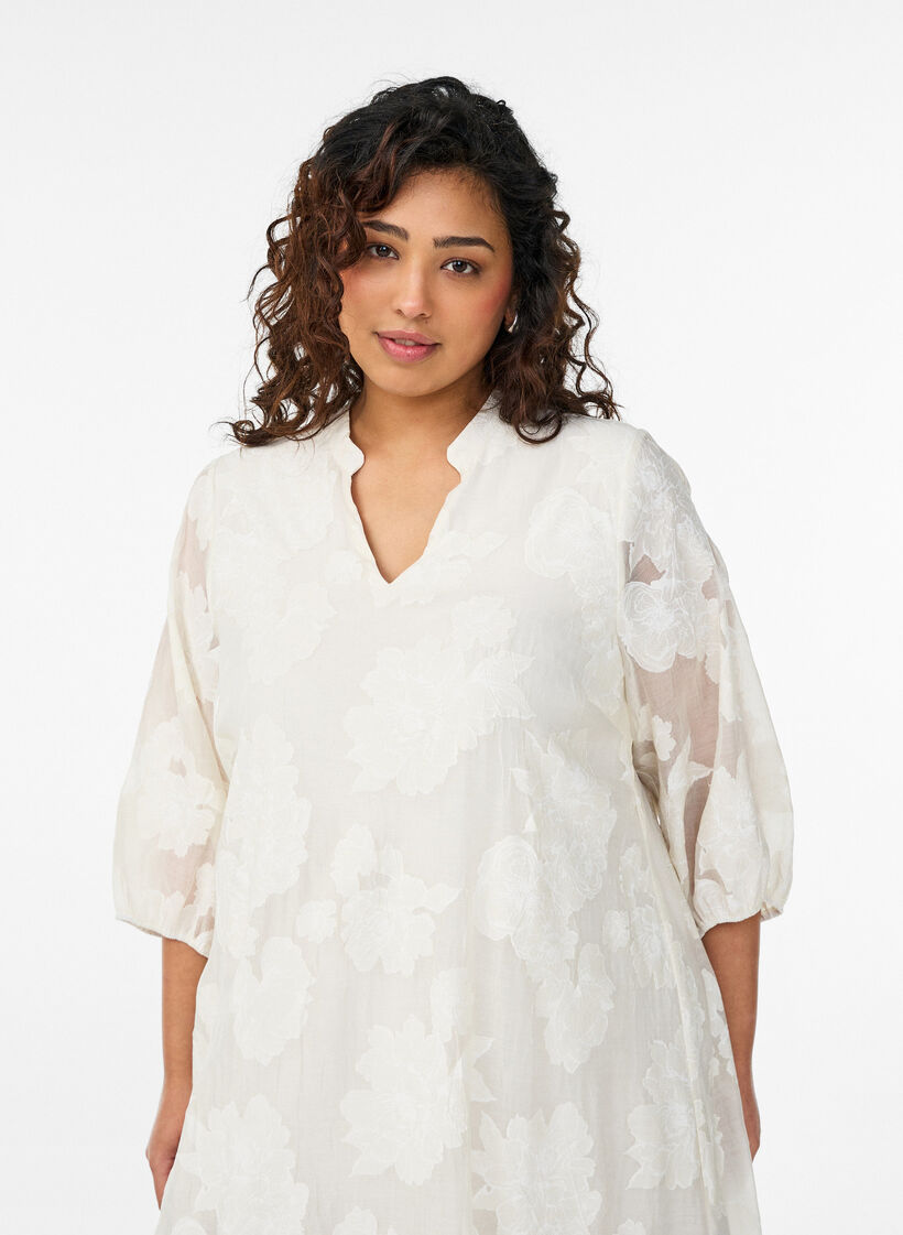 Midikjole med blomstermotiver og transparente 3/4-&aelig;rmer, Beige, Model image number 2