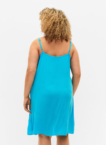 Ensfarvet strop kjole i viskose, Blue Atoll, Model image number 1