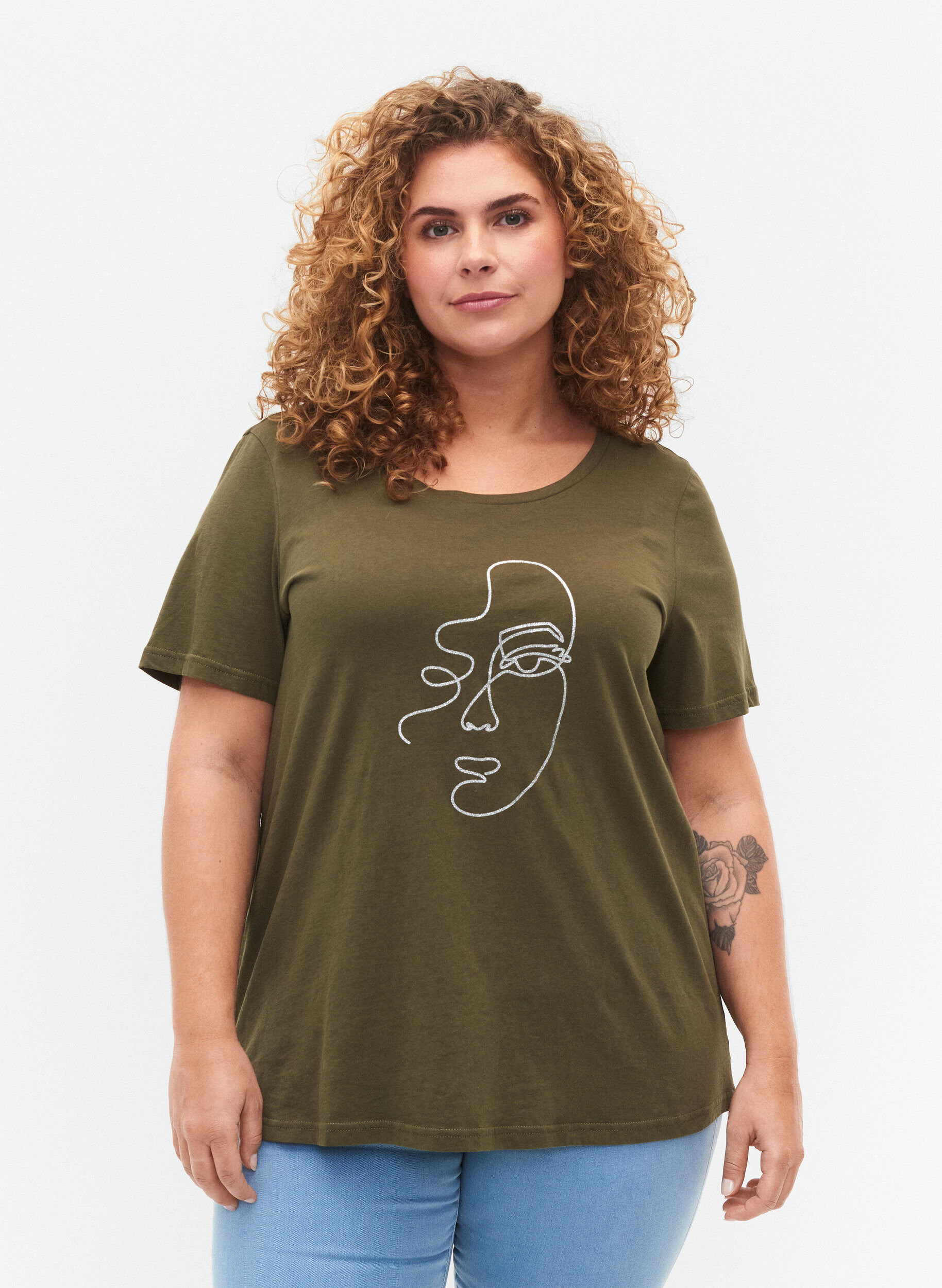 Zizzi T-shirt med glimmer print i bomuld, Ivy G. Shimmer Face, Model image number 0