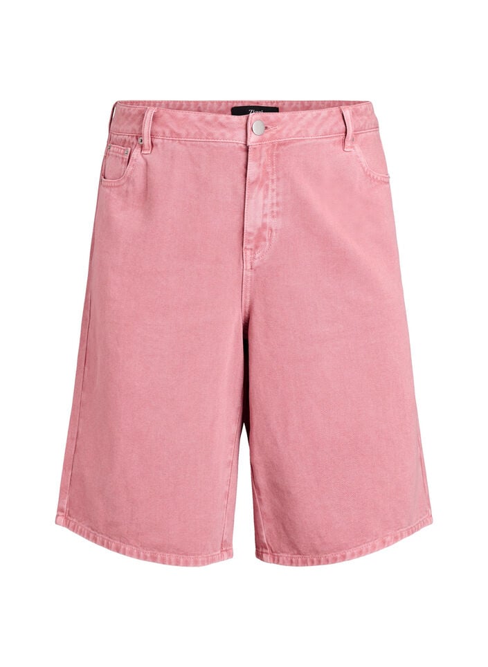 Farvede denim bermudashorts med h&oslash;j talje, Lyser&oslash;d, Packshot image number 0