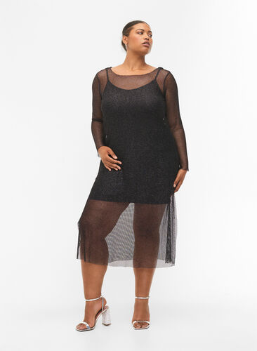 Net kjole med lange ærmer, Black w. Silver, Model image number 0