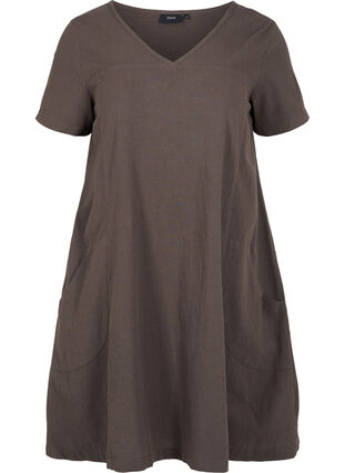 Kortærmet kjole i bomuld, Khaki Green, Packshot image number 0