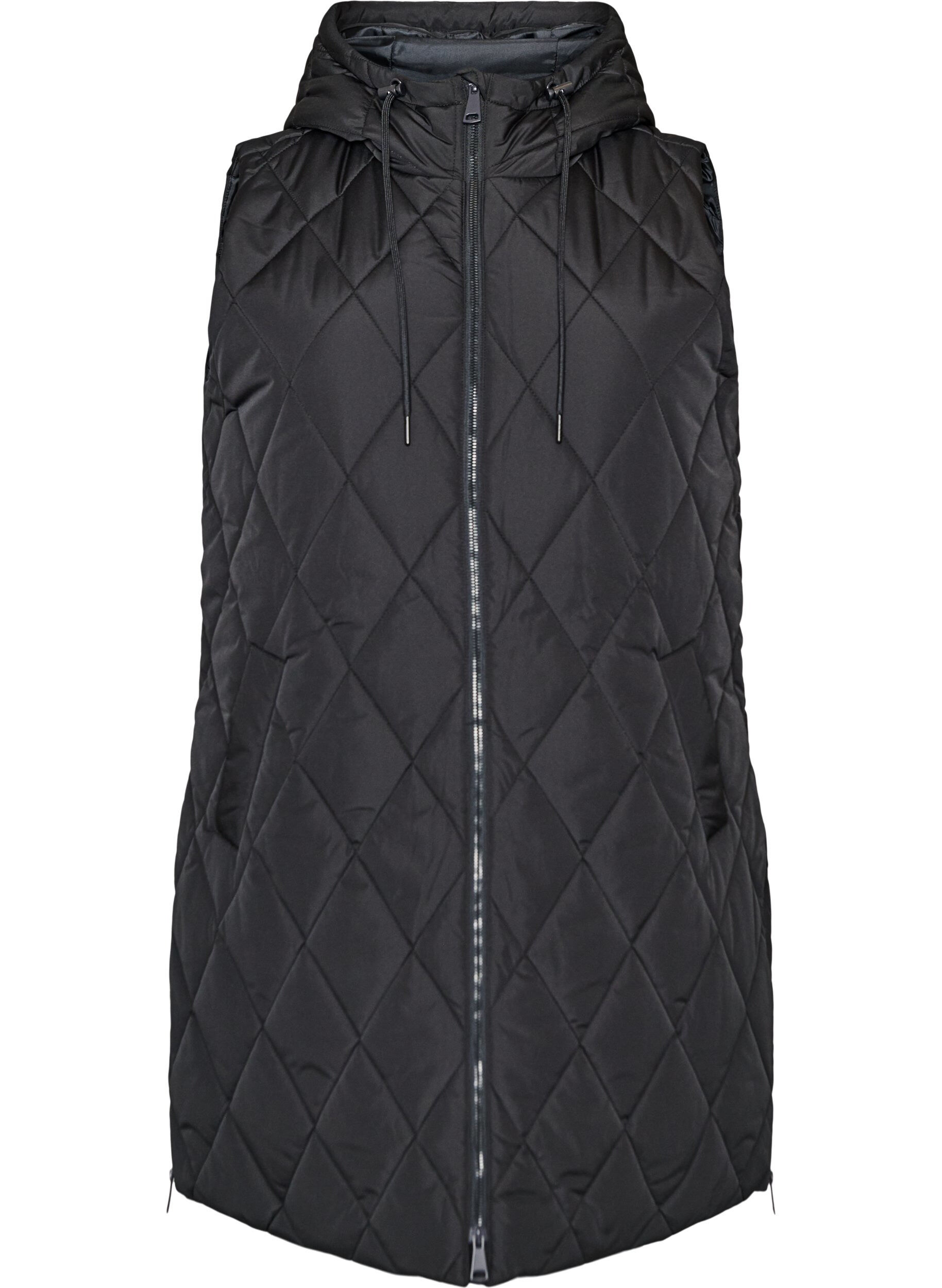 ZizziMellemlang quiltet vest med h&aelig;tte, Sort, Packshot image number 0