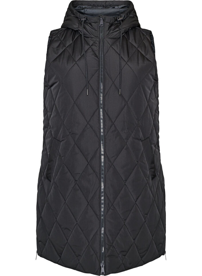 Mellemlang quiltet vest med h&aelig;tte, Sort, Packshot image number 0
