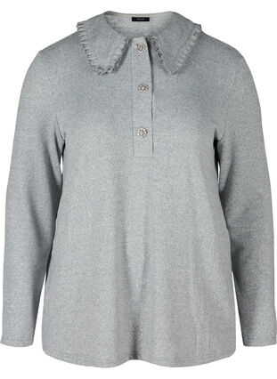 Bluse med flæsekrave og dekorative knapper, Light Grey Melange, Packshot image number 0