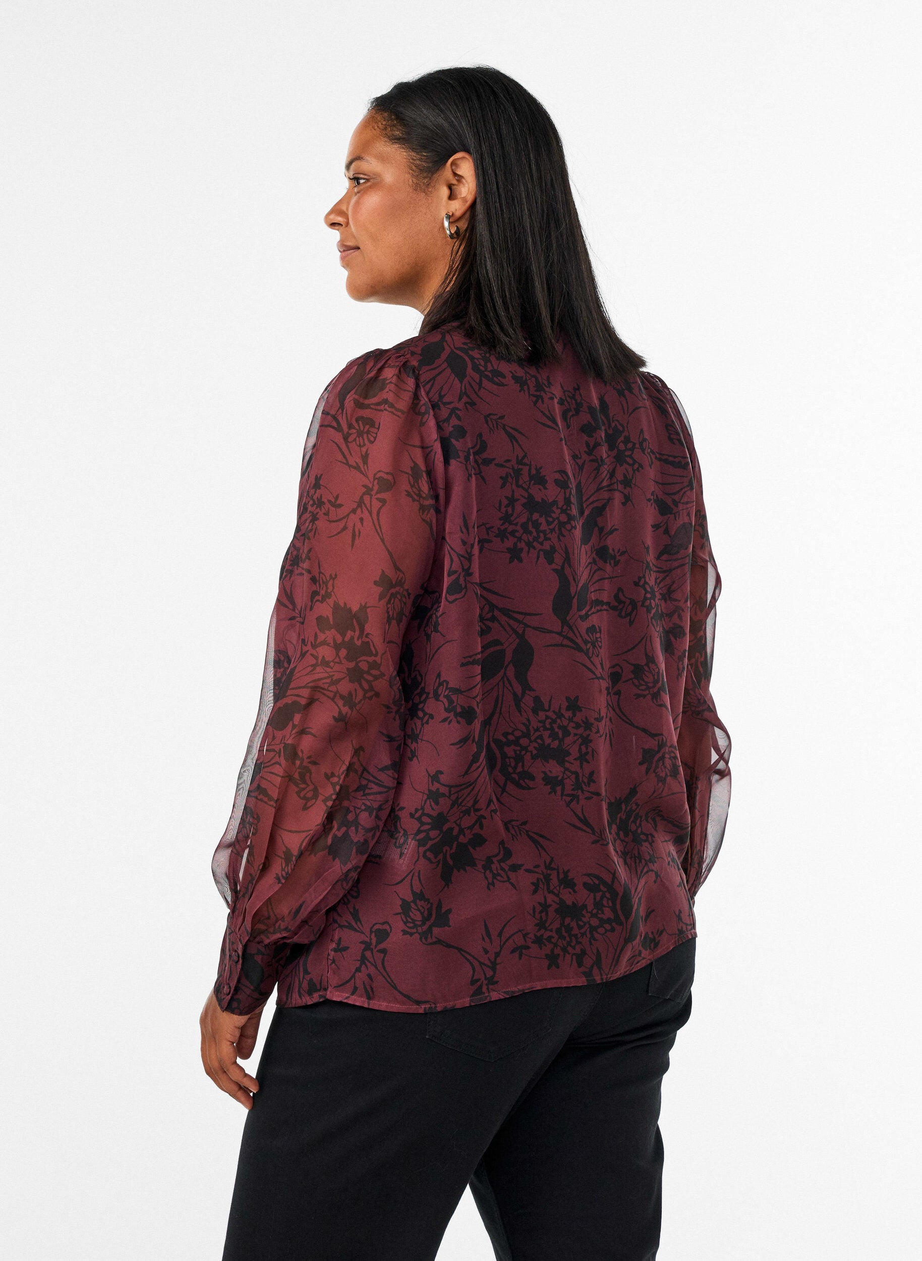 ZizziTransparent skjortebluse med blomsterm&oslash;nster og bindeb&aring;nd, M&oslash;rk Bordeaux, Model image number 2