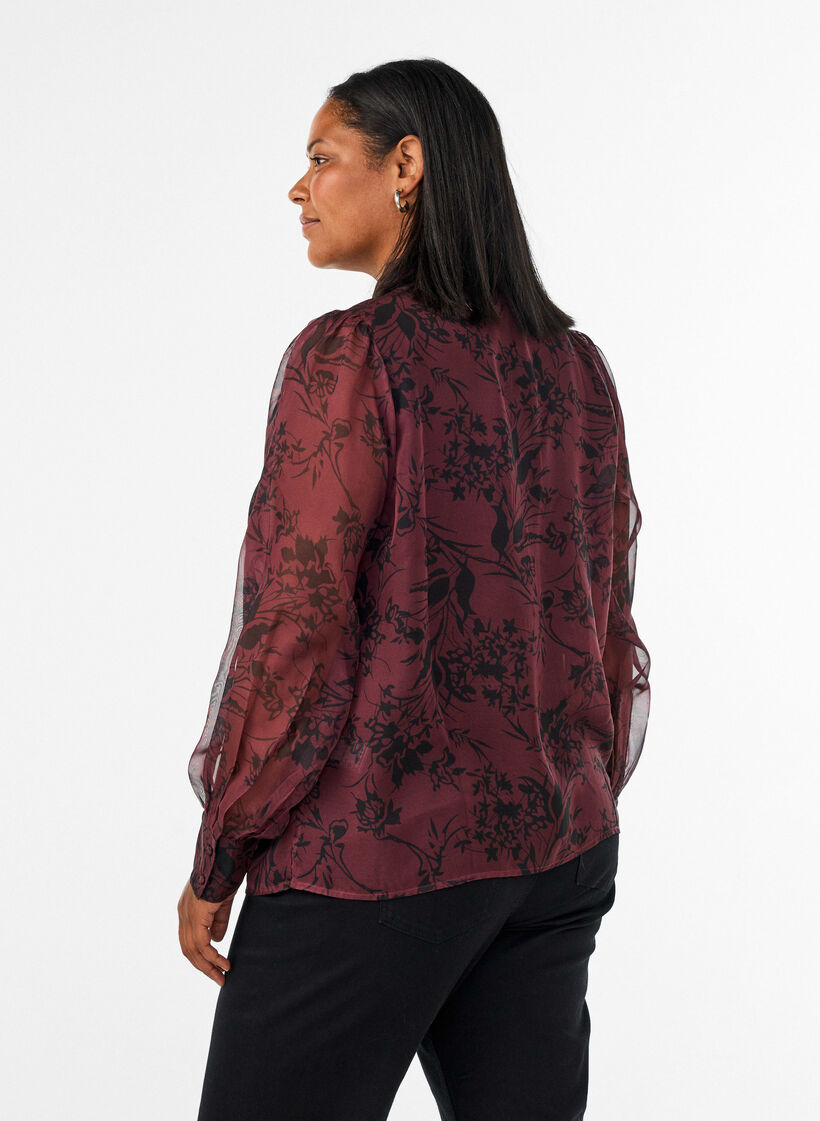 Transparent skjortebluse med blomsterm&oslash;nster og bindeb&aring;nd, M&oslash;rk Bordeaux, Model image number 2