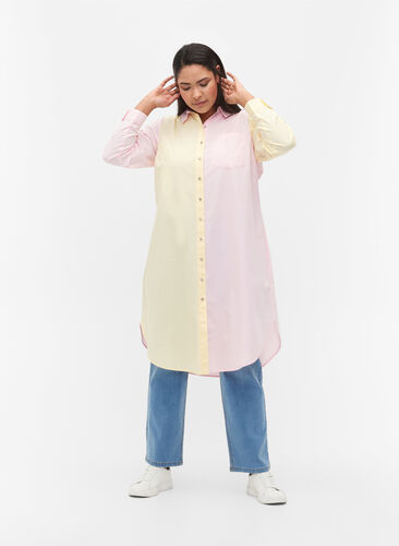Lang bomuldsskjorte med color-block, Popcorn/Pink, Model image number 0