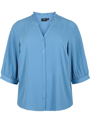 Skjortebluse med 3/4 ærmer og flæsekrave, Moonlight Blue, Packshot image number 0
