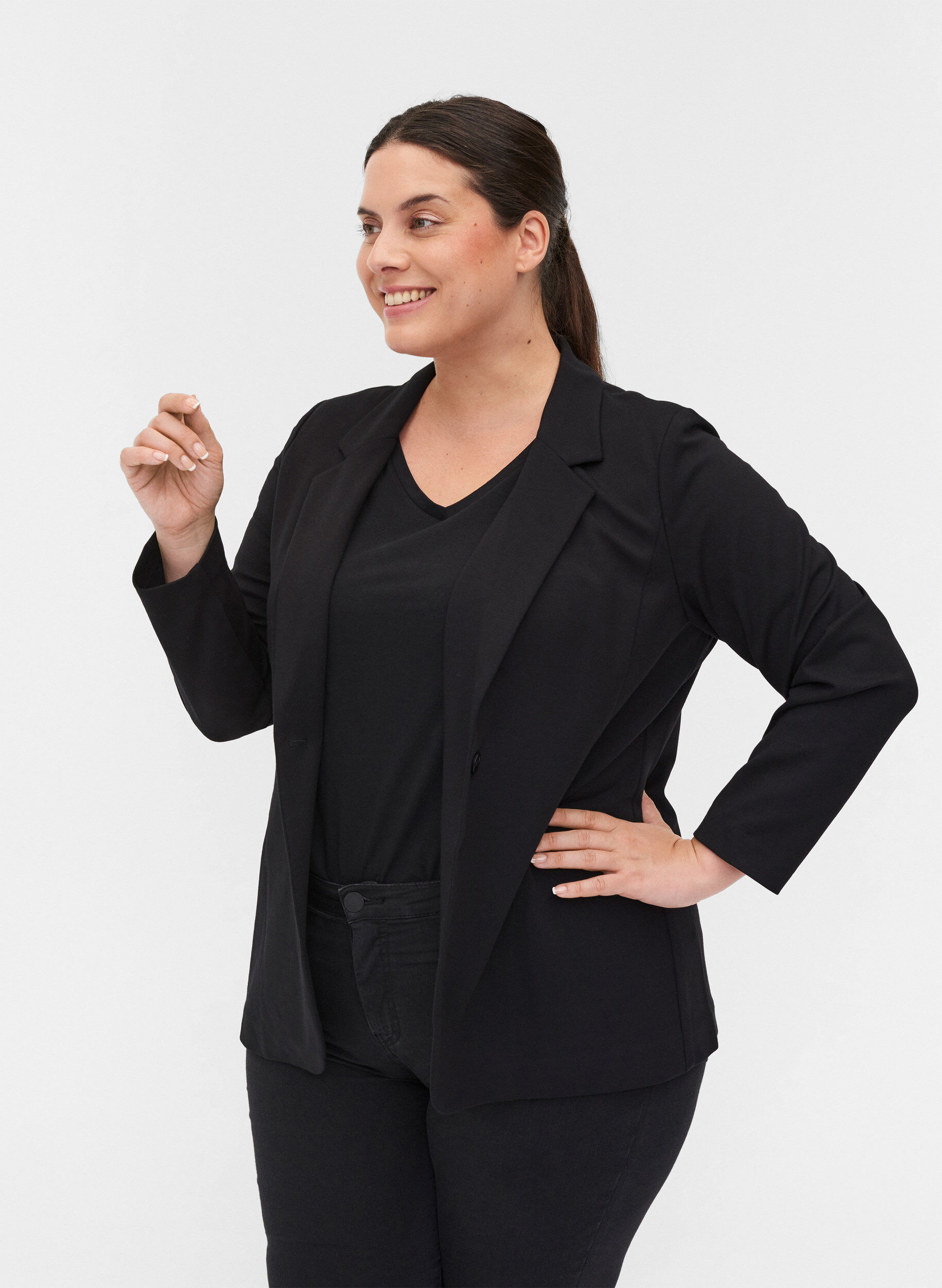 Zizzi Enkel blazer med knaplukning, Black, Model image number 0