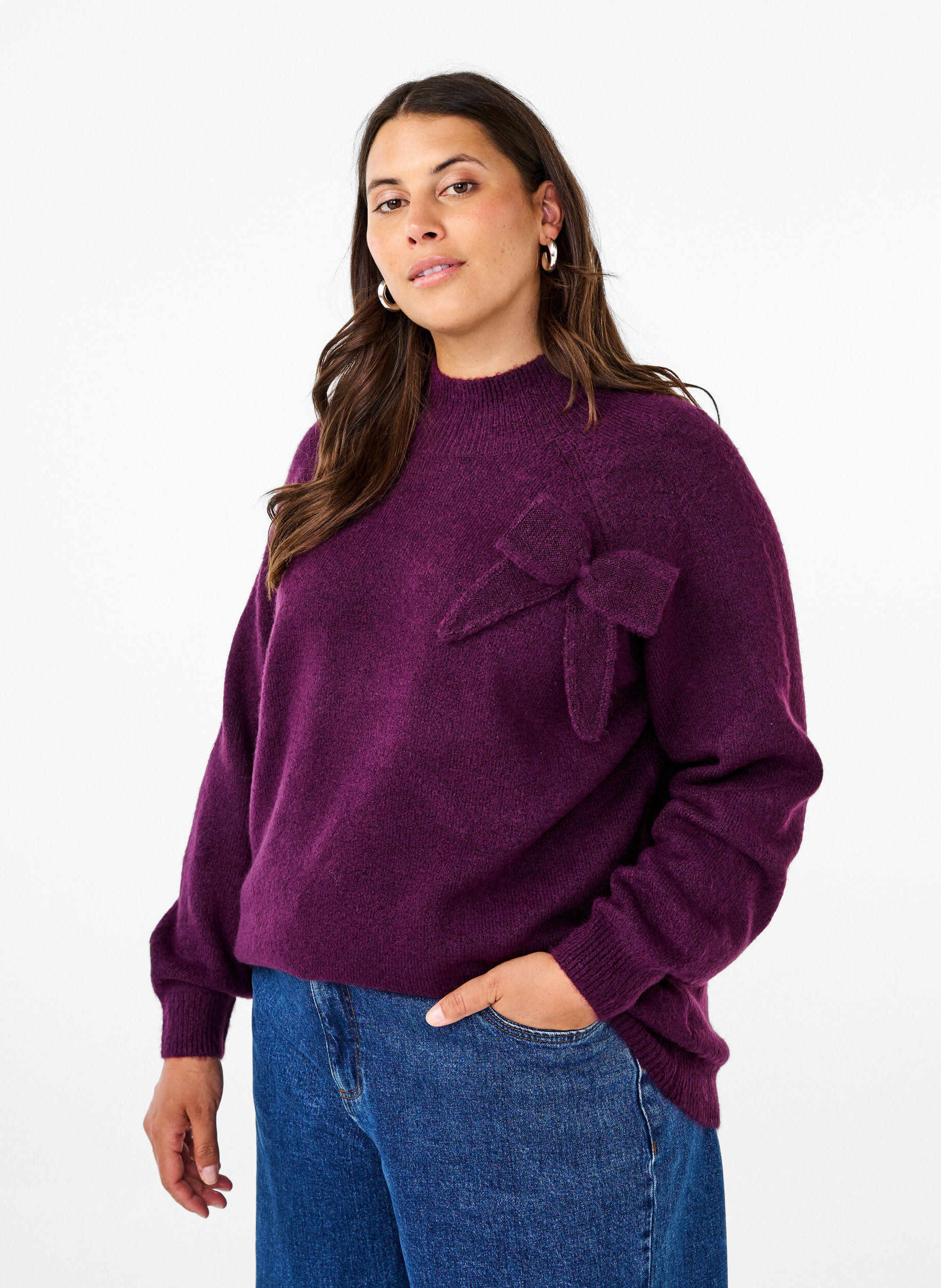 Zizzi Strikbluse med sl&oslash;jfe detalje, Potent P. Black Mel., Model image number 0